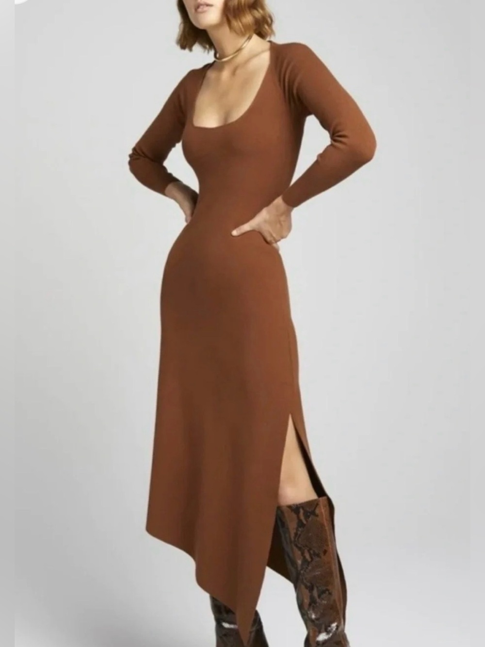 A.L.C. Scoop Neck Long Sleeve Ribbed Knit Dress in Brown